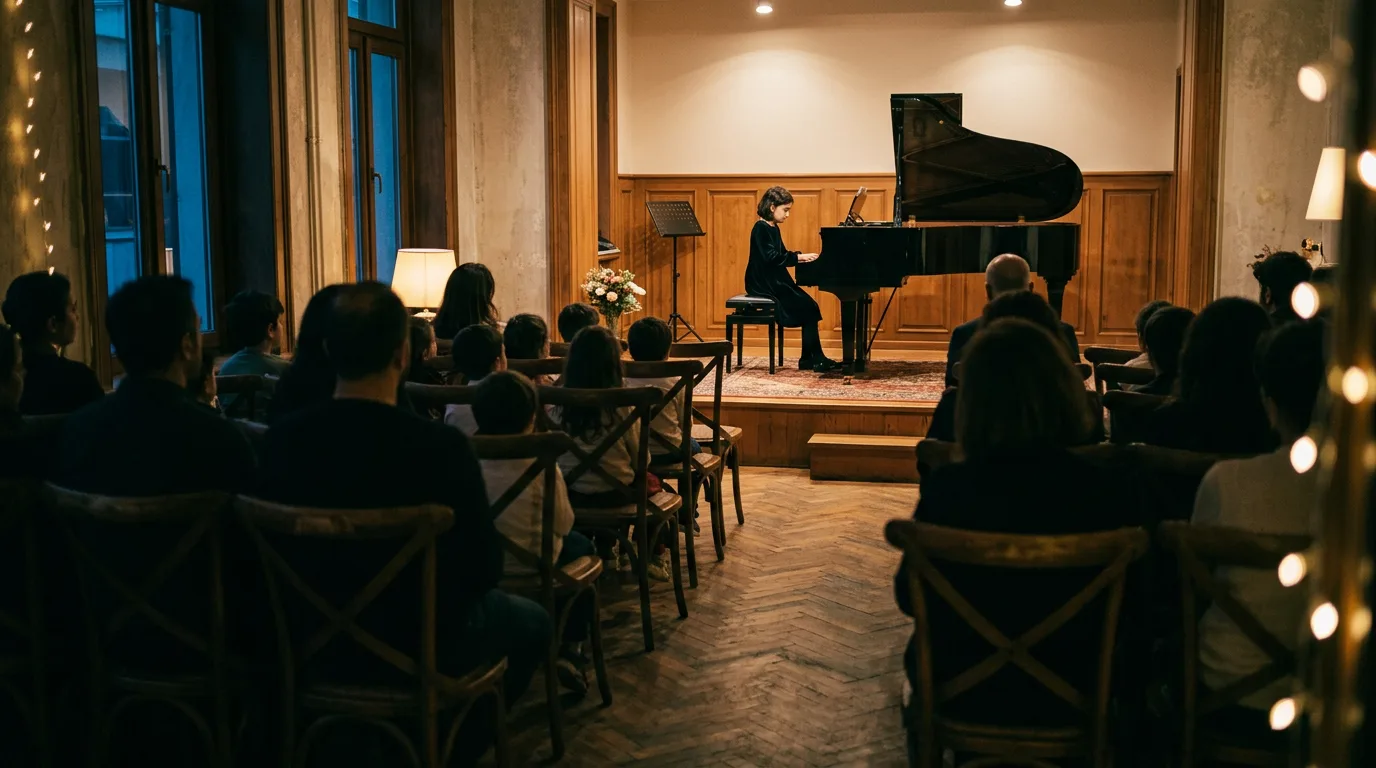 Yıl sonu konserinde sahnedeki piyanoya bakan seyirci siluetleri.