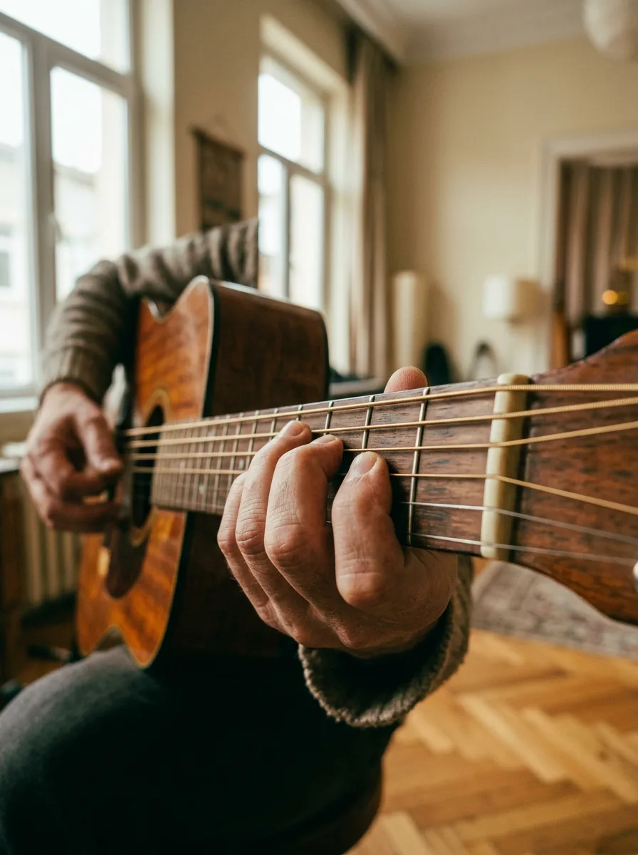 Akustik gitarın klavyesinde akor basan bir elin yakın çekimi.