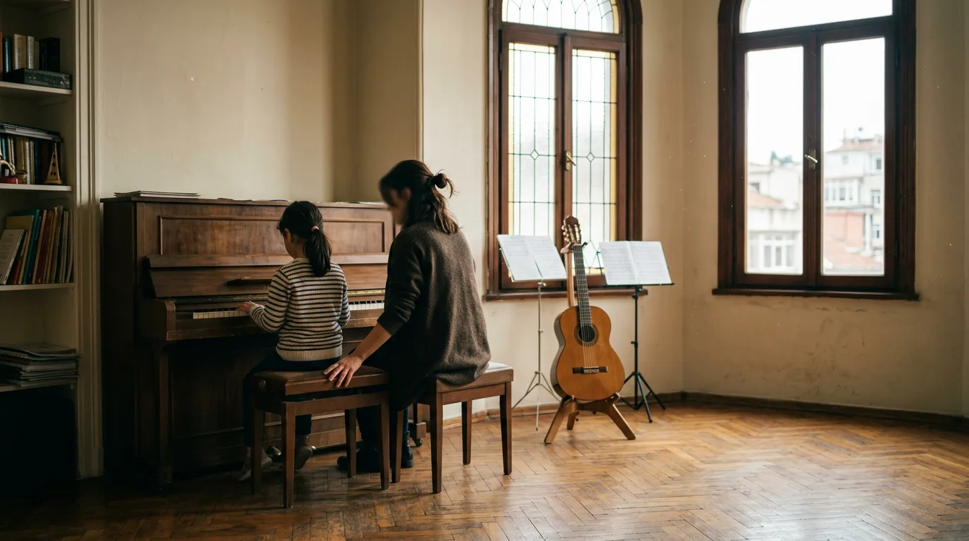 Gün ışığı alan müzik sınıfında piyano başında oturan bir çocuk ve yanındaki öğretmen.